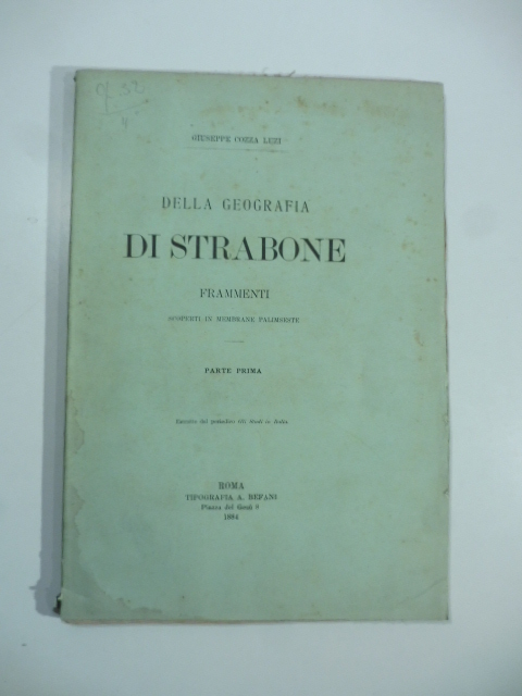 Della geografia di Strabone. Frammenti scoperti in membrane palimseste. Parte prima